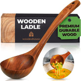 Woodenhouse teak ladle with 12.4 inch handle for smooth soup serving.