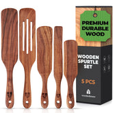 Woodenhouse teak spurtle set in a kitchen display, showcasing craftsmanship and durability.
