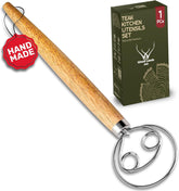 Woodlands USA 13-inch Danish dough whisk with long wooden handle for effortless mixing.
