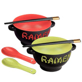 World Market red dragon ramen bowl with spoon and chopsticks for quick noodle meals