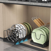 WOSHEN pot lid organizer in a cabinet to save space and keep lids accessible.