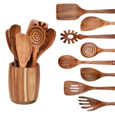 WOSPONFAN teak utensils set in natural finish, durable and eco-friendly for everyday cooking.