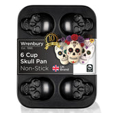 Wrenbury large skull baking pan top view, ideal for spooky cupcakes.
