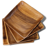 WRIGHTMART wooden plates 10-inch square Acacia grain close-up highlighting durable one-piece construction.