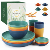 Wrova 16pc wheat straw dinnerware set for kids, durable and easy to clean.