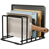 WUGEUSCH 5-slot pan organizer shown holding slim pans to declutter the counter.