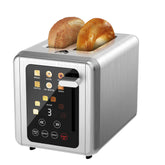 WUNLY touchscreen toaster front view in stainless steel, ideal for quick weekday breakfasts.