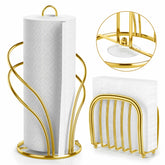 Wuwrll paper towel holder on countertop in gold for easy one-handed tearing.