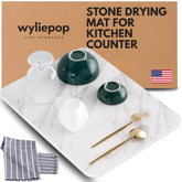 Wyliepop stone drying mat on counter with white marble, rapid water absorption for tidy counters.