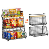 X-cosrack 3-tier stackable organizer with pine top keeps snacks tidy and accessible.