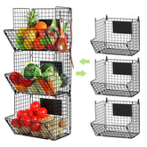 X-cosrack 3-tier wall mount basket on kitchen wall for organized produce.