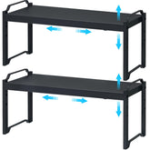 X-cosrack expandable shelf in cabinet shows adjustable length for pantry organization