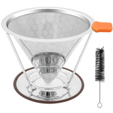 X-VESOLJE pour over dripper emphasizes durable stainless steel for café-quality coffee.