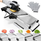 XAYCDEHN mandoline slicer safety handle enables hands-free slicing.