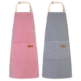 XLSXEXCL striped apron front view shows two pockets for easy utensil storage.