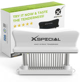 XSpecial 48-blade meat tenderizer close-up shows precision blades for tender results.