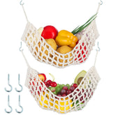 Xuhal macrame fruit hammock left view showcases sturdy cotton weave for kitchen storage.