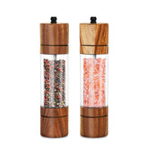XWXO acacia salt grinder 8in with clear acrylic body for quick refills.