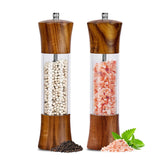 XWXO acacia wood 8-inch salt grinder with clear acrylic body enhances table presentation.