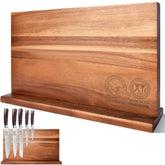 XYJ acacia wood knife block side view—sturdy, natural finish.