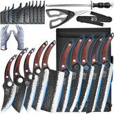 XYJ knife set blade closeup reveals sharp high-carbon edge for precise cuts.