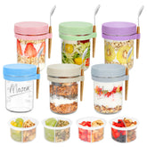 Xyptorix six-pack overnight oats containers with lids and spoons for organized meal prep.