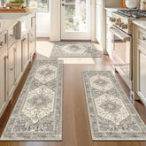 Yamaziot Boho kitchen rug set in full view adds cohesive style to your kitchen.