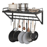 YATINEY wall-mounted pot rack with two tiers holds heavy pans securely for easy access.