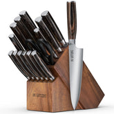 Yatoshi Knives 15-piece set displayed in Acacia block for organized blade storage.