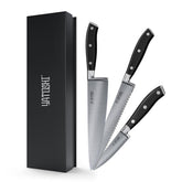 Yatoshi Knives chef knife close-up highlighting ultra sharp edge for precise slicing.