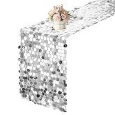 Yblut silver sequin table runner 12x108 enhances elegant dining ambiance.