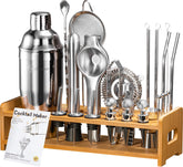 Yelusonw cocktail shaker stand showcases organized tools with stylish industrial-chic design.