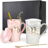Yesland Mr and Mrs mugs in grey and pink show coordinated couple style for daily coffee rituals.