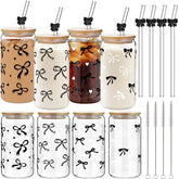 Yetene bow glass cups 16oz with lids and straws for stylish iced beverages