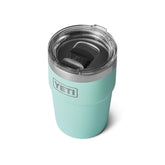 YETI Rambler 16oz stackable cup in seafoam, ideal for on-the-go coffee.
