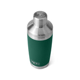 YETI Rambler 20 oz Cocktail Shaker front view in Black Forest Green; rugged durability for outdoor use.