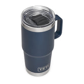 YETI Rambler 20 oz travel mug navy side view highlighting rugged stainless steel durability.