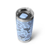 YETI Rambler 20 oz tumbler in blue camo close-up showing rugged stainless steel texture