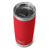YETI Rambler 20oz tumbler in stainless steel with vacuum insulation maintains beverage temperature.