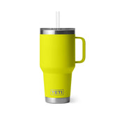 YETI Rambler 35 oz with handle and straw lid front view shows cold-beverage design