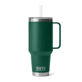 YETI Rambler 42 oz tumbler with handle and straw lid keeps drinks cold on the go.