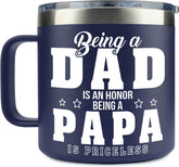YETIFY Papa Mug with navy lid and easy-grip handle for spill-free travel.