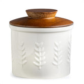 YHOJOY butter crock with wooden lid on counter for easy spreadable butter
