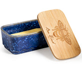 YHOJOY ceramic butter dish with blue lid keeps butter fresh on the counter