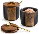 YHOJOY salt and pepper bowl with woodgrain lid for quick counter seasoning.