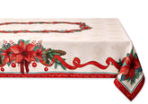 YiHomer poinsettia ribbon tablecloth close up shows festive colors for dining