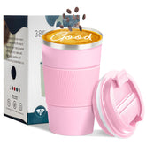 YINBAOGE travel mug pink lid close-up showing spill-proof seal for on-the-go sipping