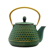 YJX Cast Iron Tea Kettle with dark green hexagon pattern for stylish stovetop brewing