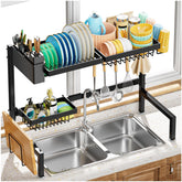 YKLSLH over-the-sink dish rack extended to fit larger sinks for customizable setup.