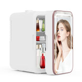 YLFU mini fridge in a bedroom storing skincare and drinks efficiently.